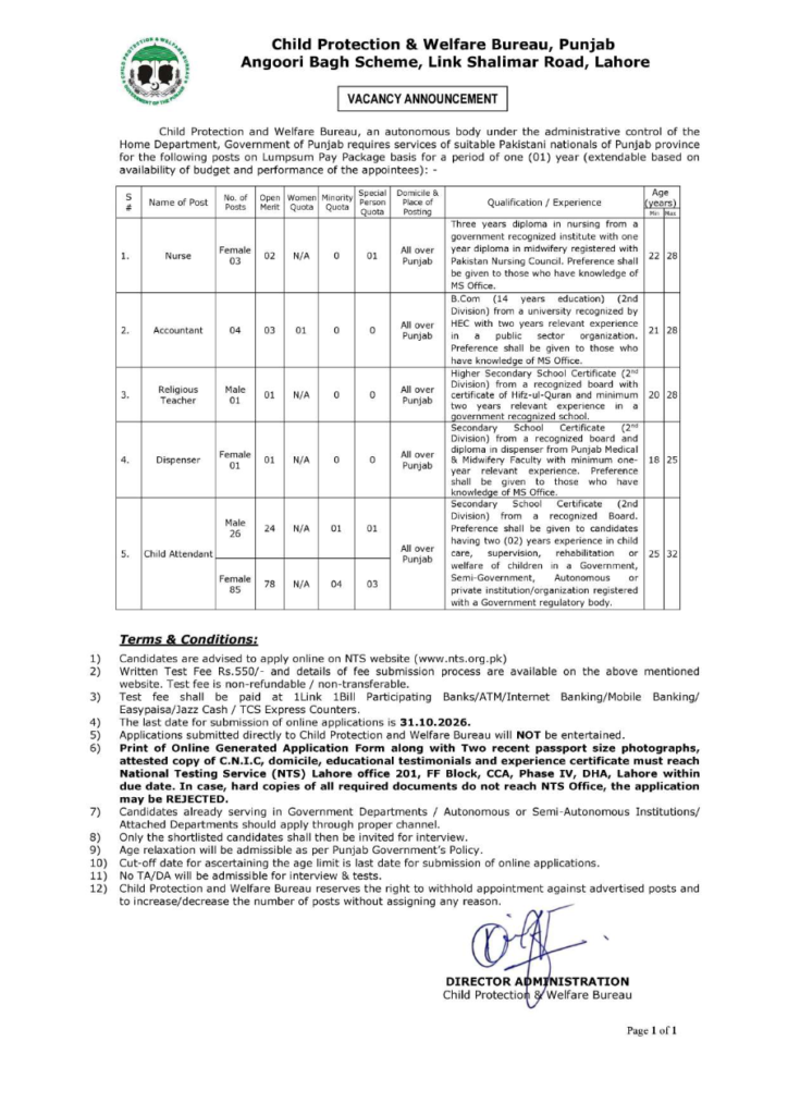 Child Protection and Welfare Bureau CPWB Punjab NTS Jobs Advertisement 2026