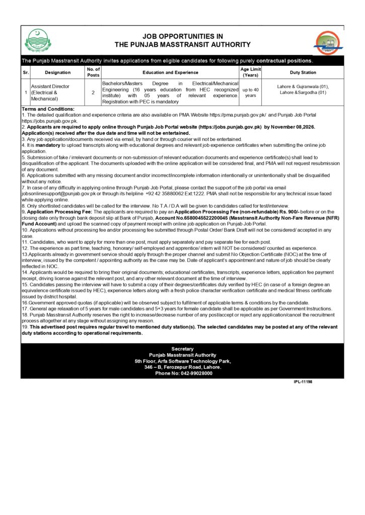 Punjab Mass Transit Authority Jobs 2026 Official Advertisement